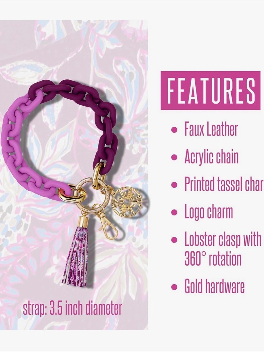 Lilly Pulitzer Pink and Plum Linked Chain Key & Card Holder with Gold Hardware